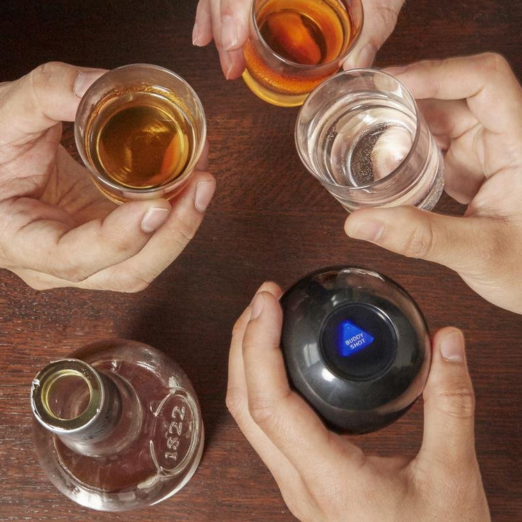 A show of hands holding shot glasses filled with alcohol and a magic eight ball-Drinking Gizmos - Gizmo Gifts