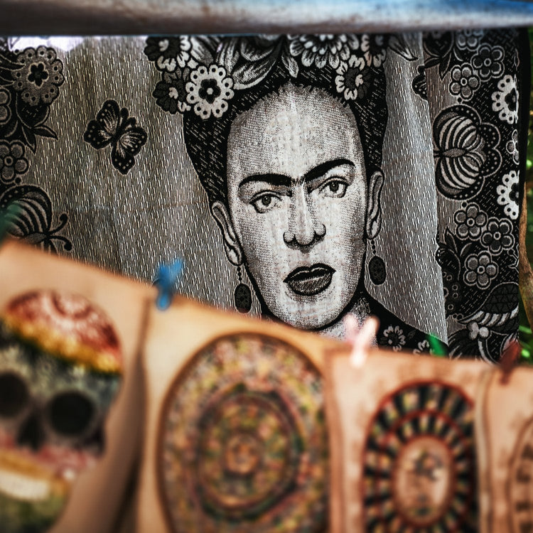 A scarf displaying an image of Frida Kahlo-Mexican Crafts - Gizmo Gifts