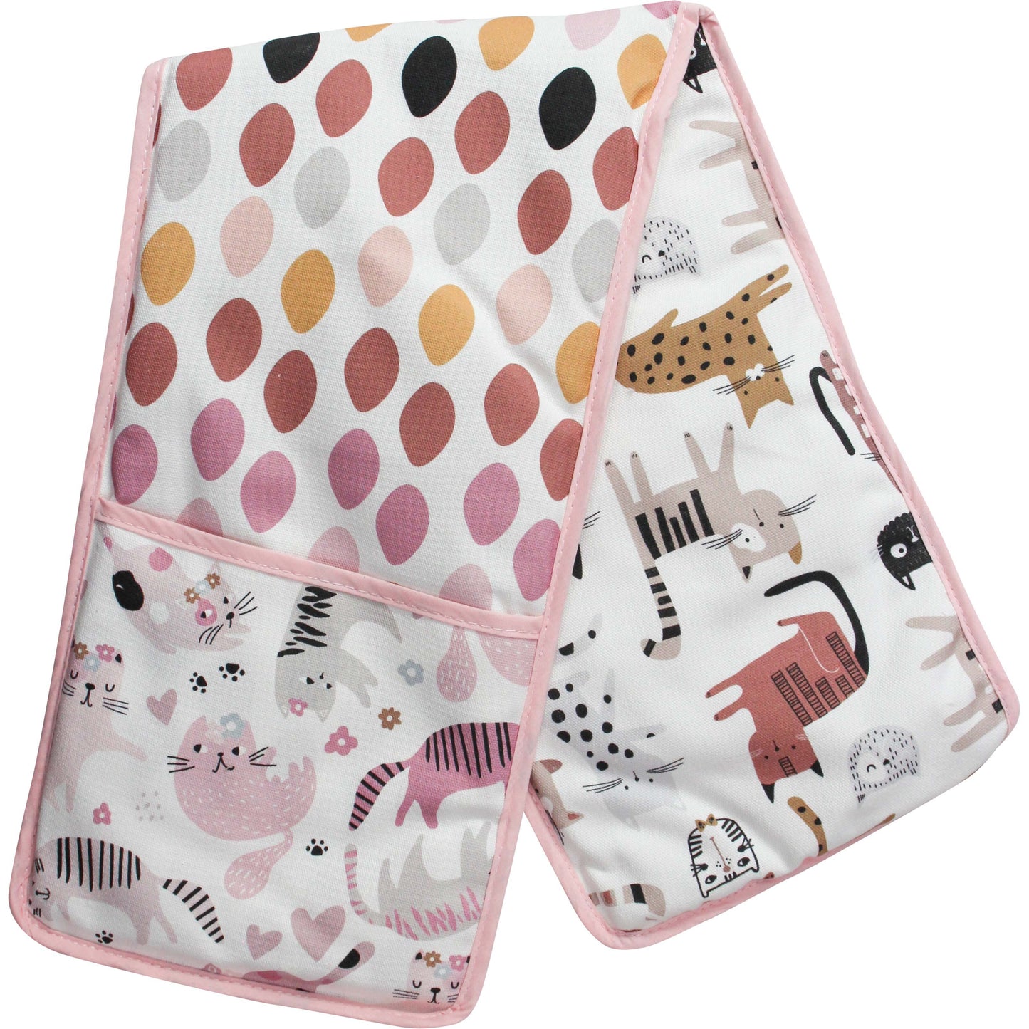 A pink hue double oven mitt features polka dots and many cats. It sits on a white background.