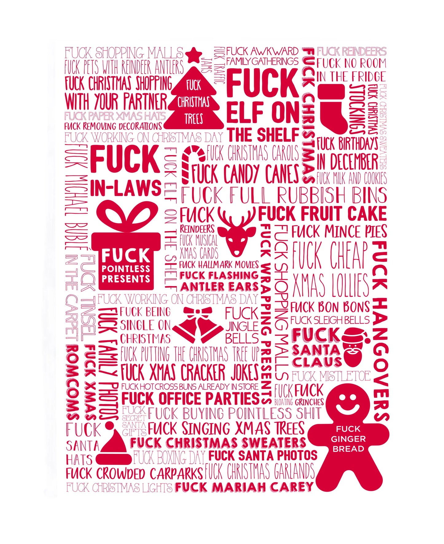 White poster with red profanity text and Christmas-themed icons on a white background