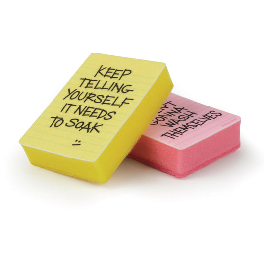 Two sponges with humorous text on a white background