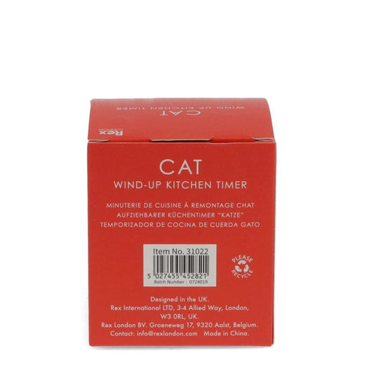 Red box packaging for a cat wind-up kitchen timer with text and a barcode on a white background.