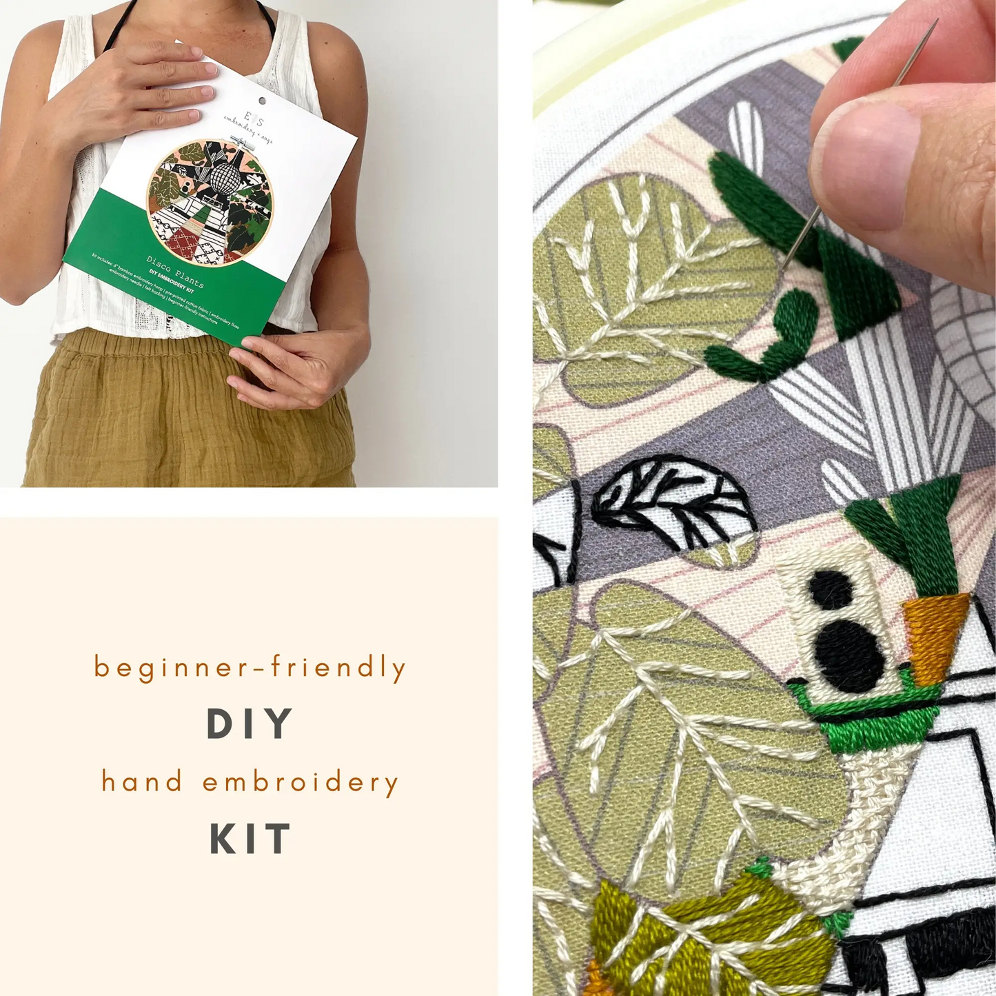 Display of Embroidery&Sage packaging held up by model and to the right of page a hand doing needlepoint