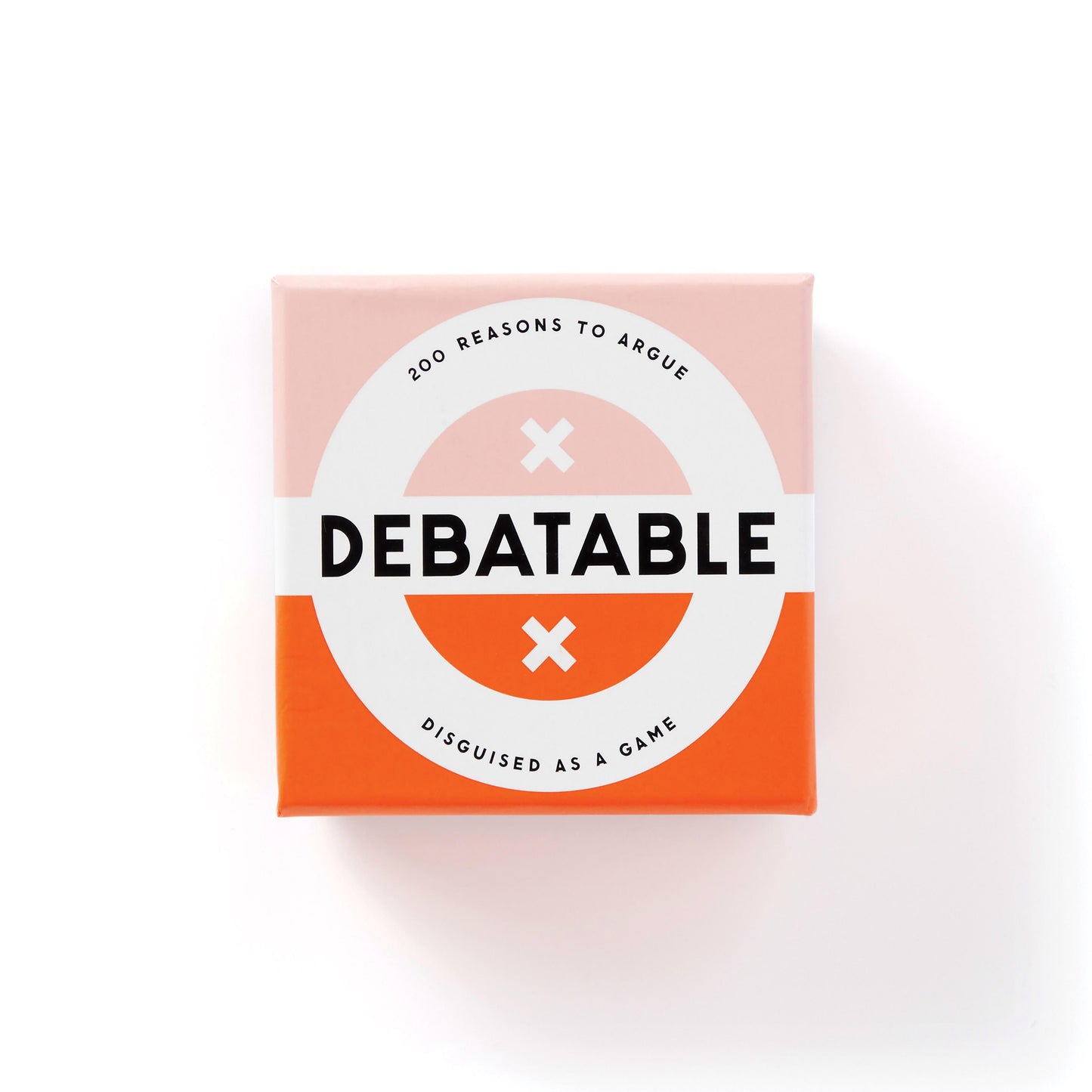 Box of 'Debatable' game with pink and orange design on a white background