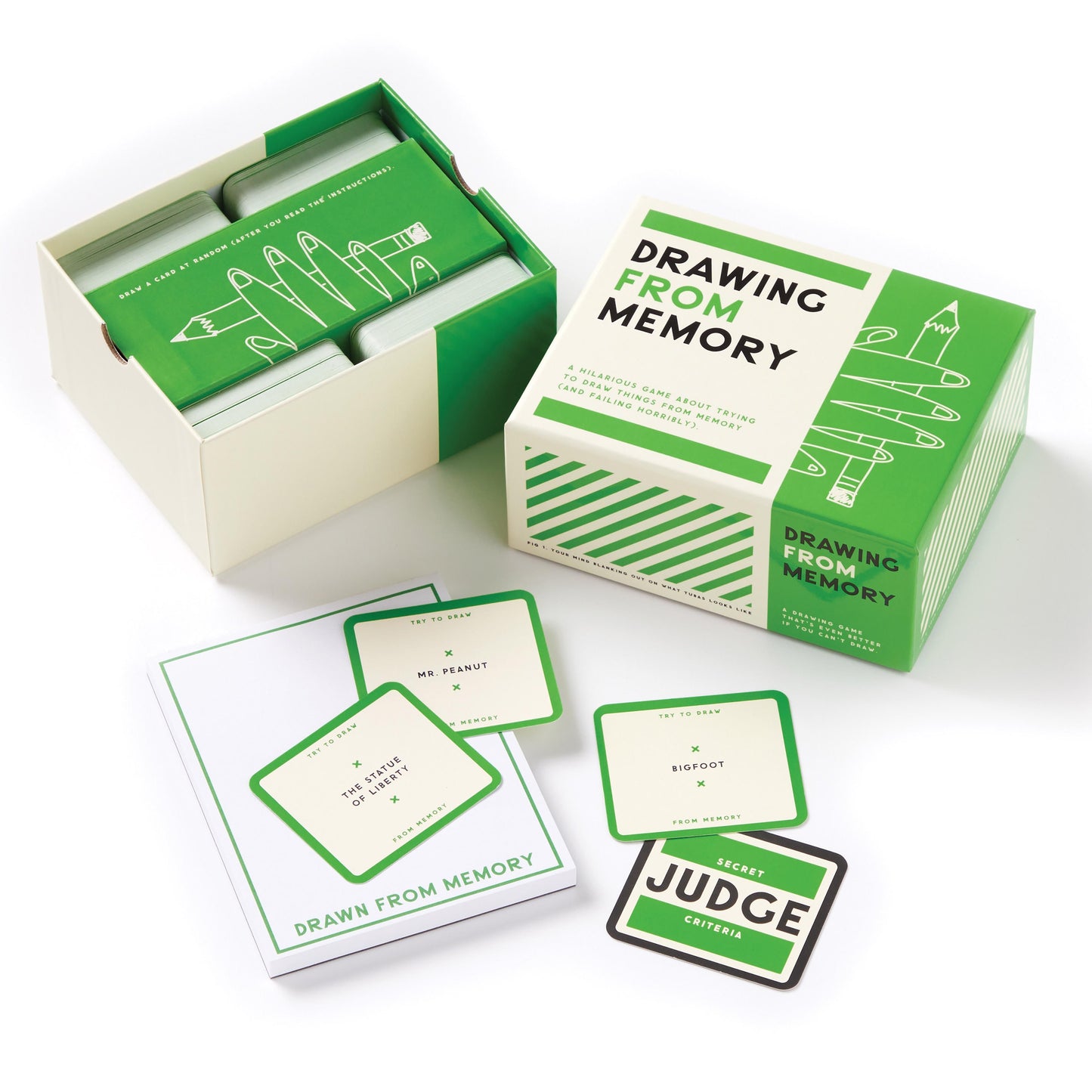 Card game set titled 'Drawing from Memory' with cards and packaging on a white background