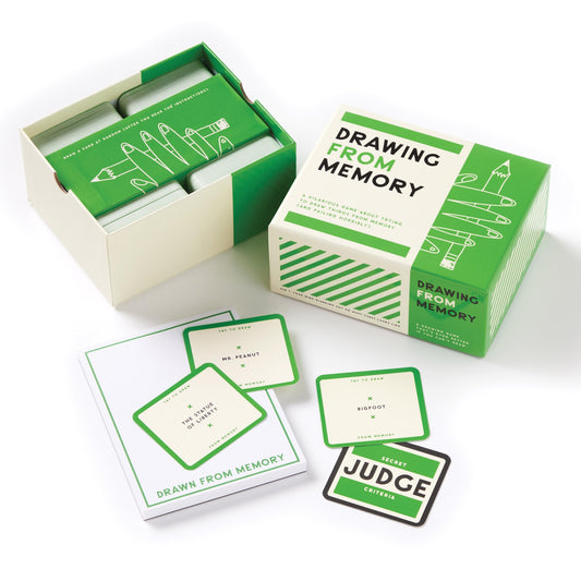 Card game set titled 'Drawing from Memory' with cards and packaging on a white background