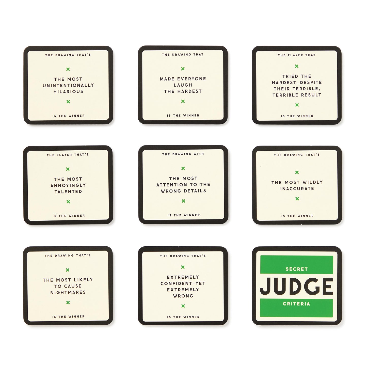 Set of eight coasters with humorous text on a white background