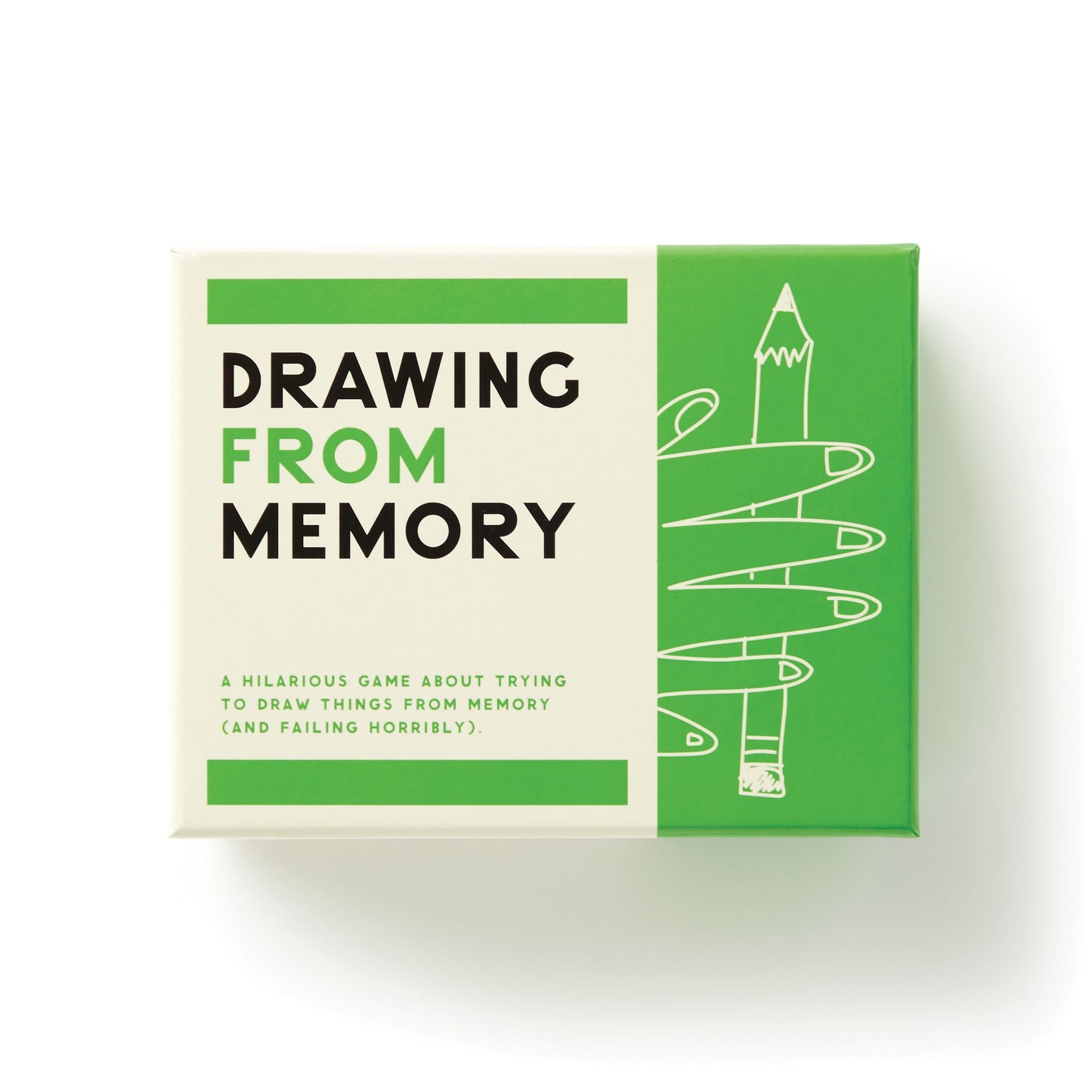 Board game box titled 'Drawing from Memory' with green and white design on a white background