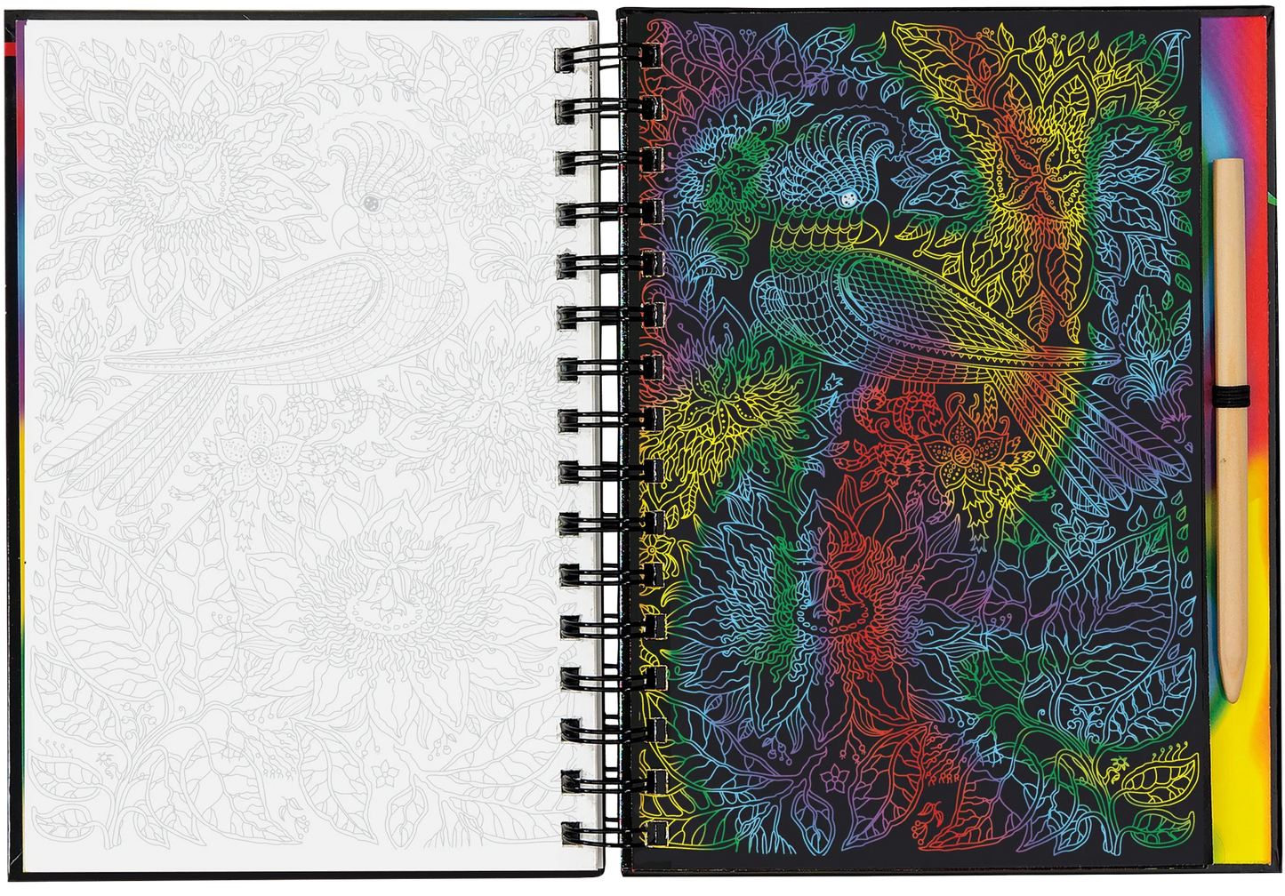 scratch and sketch book with colorful paisley and parrot design on cover and white interior pages.