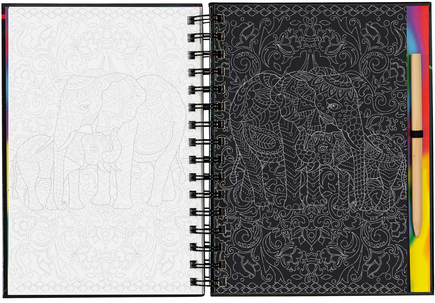 scratch and sketch book with elephant interior pages and black decorative cover