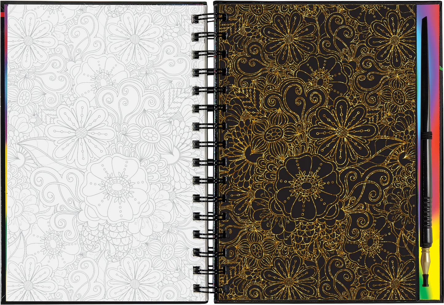 Spiral-bound notebook with floral design on cover and white lined pages, accompanied by a pencil.