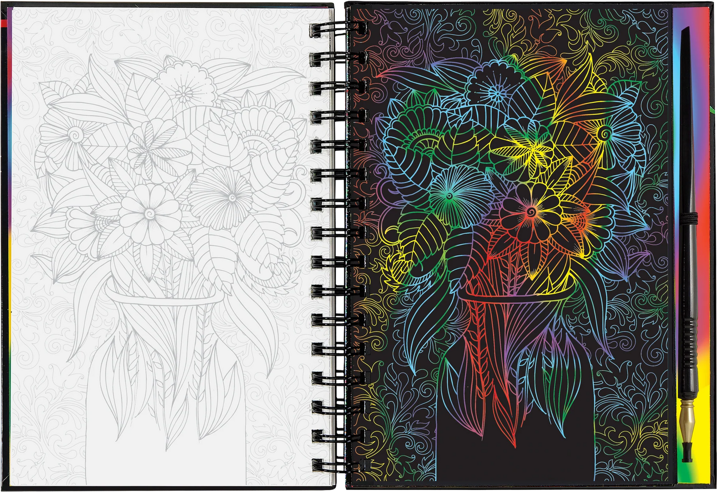 Coloring book with a black and white floral design on one side and a colorful floral design on the other, with a pencil on the right.