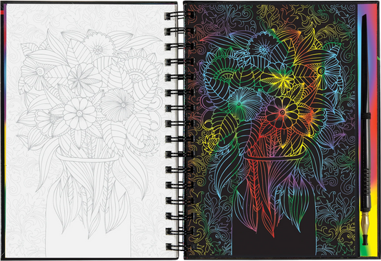 Coloring book with a black and white floral design on one side and a colorful floral design on the other, with a pencil on the right.