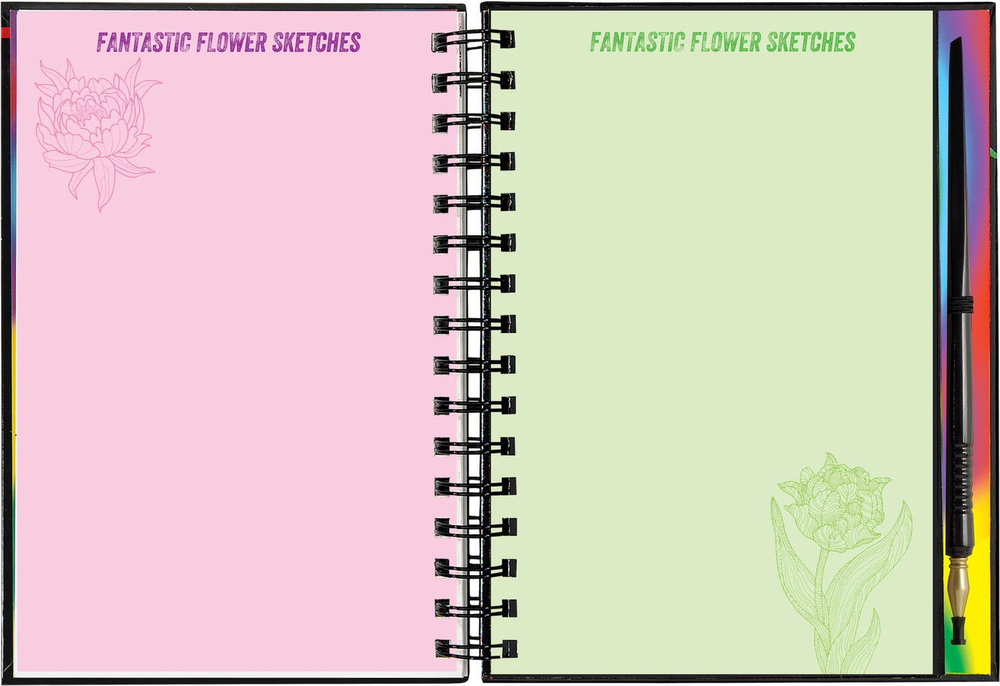 Spiral-bound activity book with pink and green covers featuring flower designs sketches and stylus.