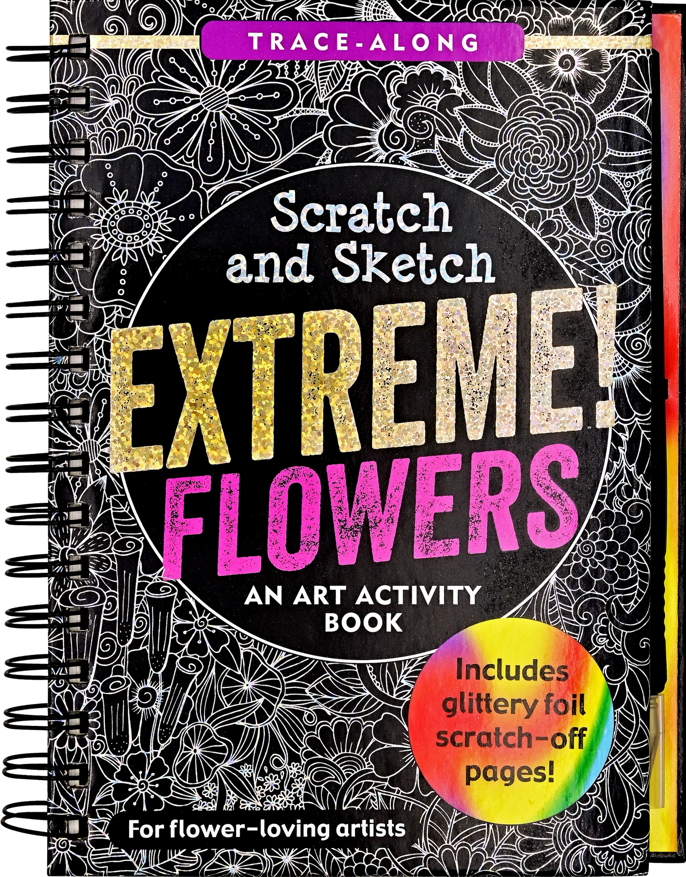 Art activity book titled 'Scratch and Sketch Extremely Flowers' with decorative text and patterns.