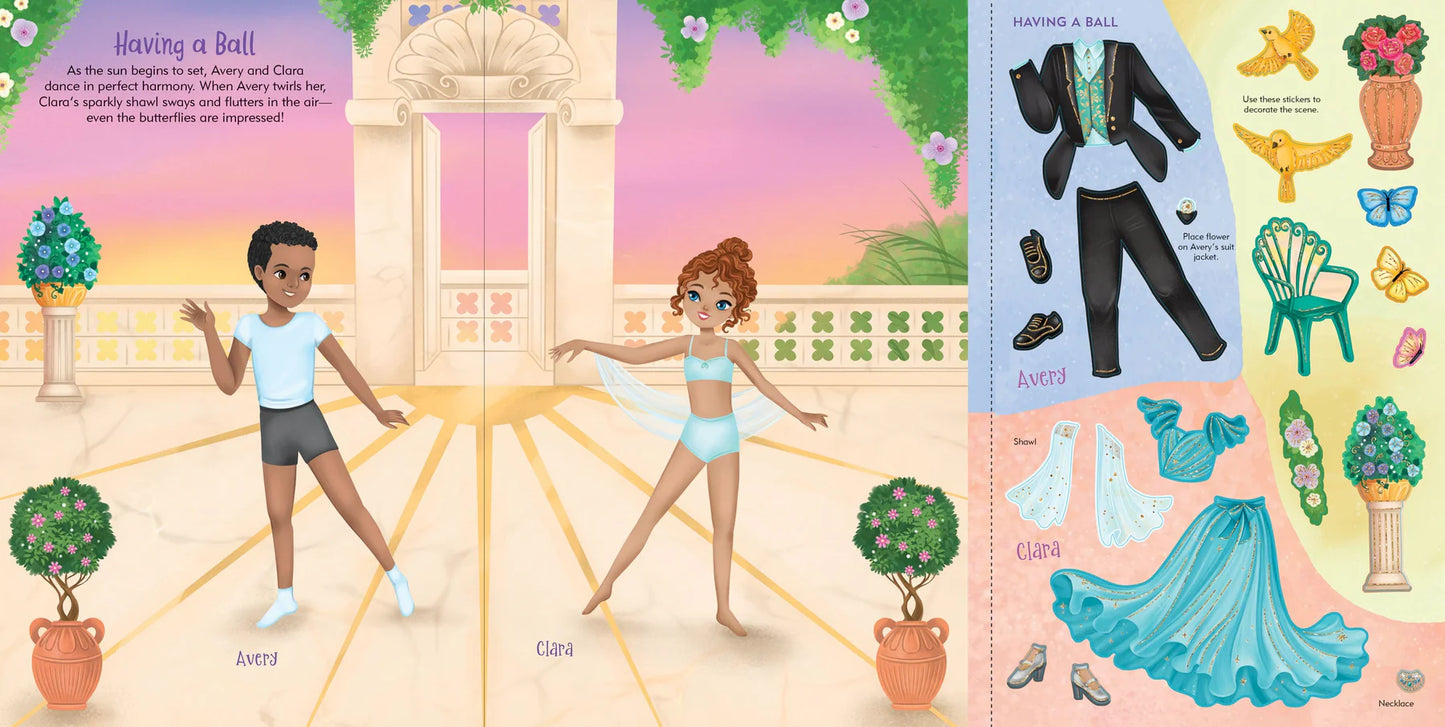 Illustrated paper dolls with accessories on a decorative background
