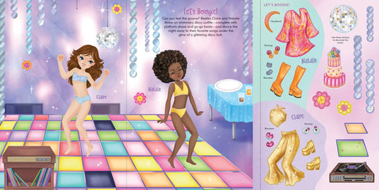 Illustration of two girls dancing on a colorful floor with fashion items displayed on the right.