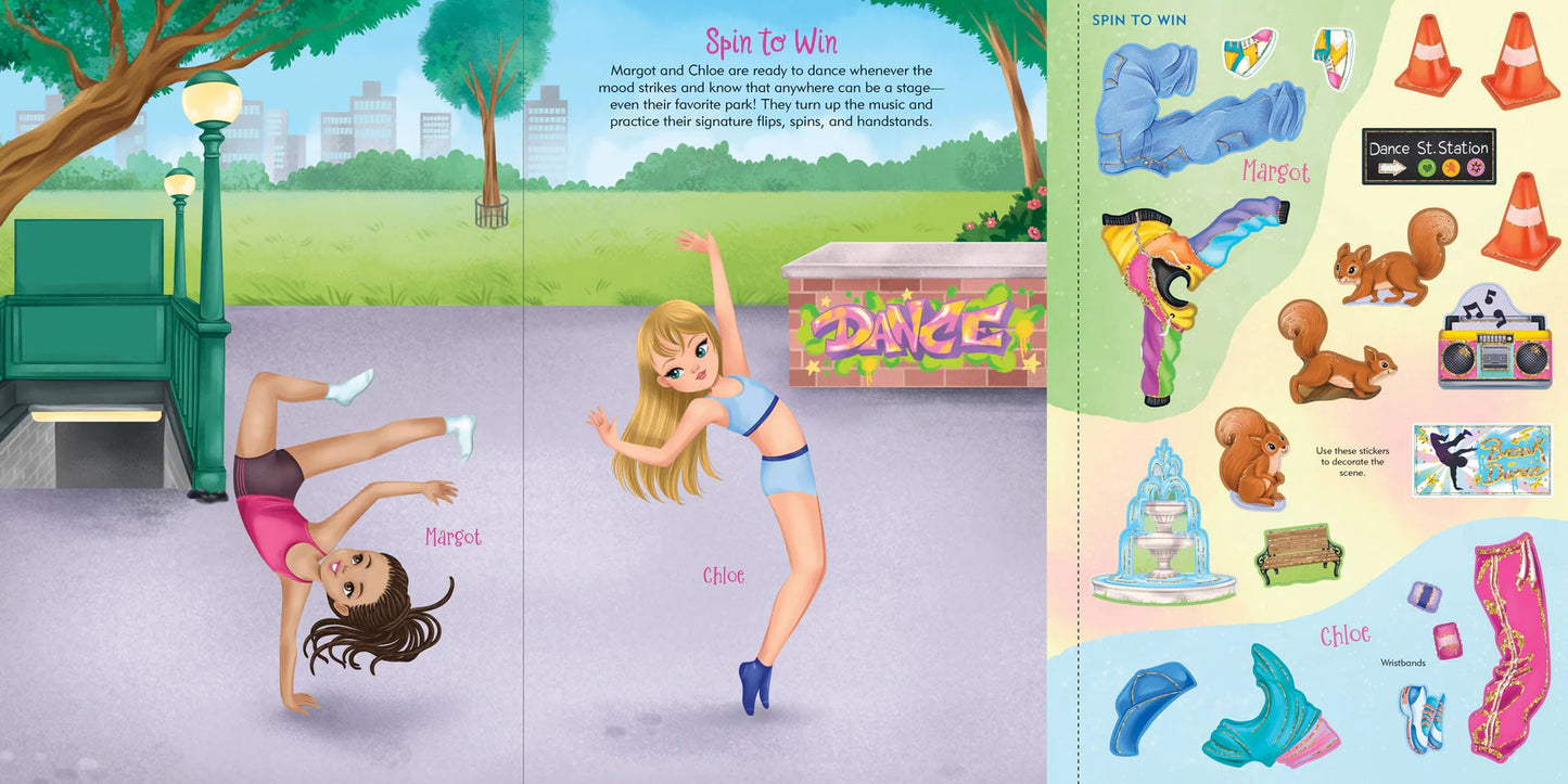 Illustration of a girl dancing with toys on a colorful background