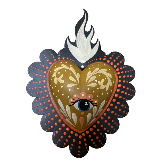 Mexican wall hanging- Tin heart beige with painted eye (20x14.5cm)