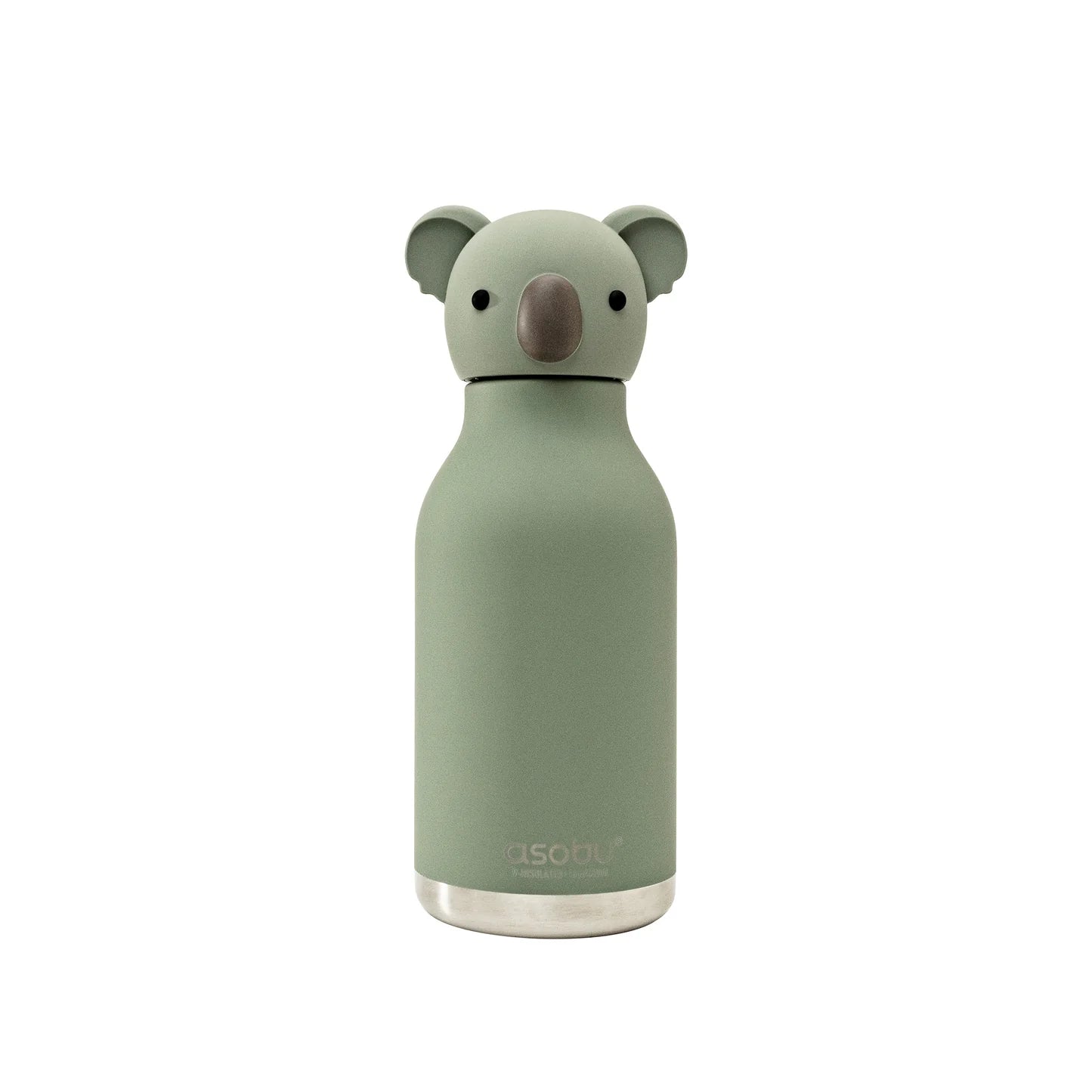 Asobu bestie drink bottle featuring the shape of a green koala. The lid is the koala head with silicone ears and a black nose. The background is white.