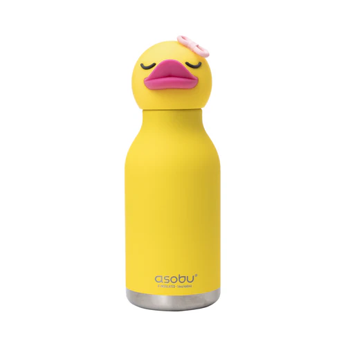 Asobu brand yellow duck insulated drink bottle. The lid is the head of the duck, "Bryn" wears a pink ribbon and has bright pink lips. The background is white. The product is made of silicone.