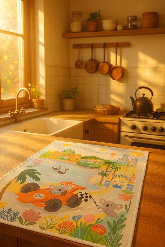 Colorful Melbourne tea towel with cartoon designs on a wooden kitchen counter.
