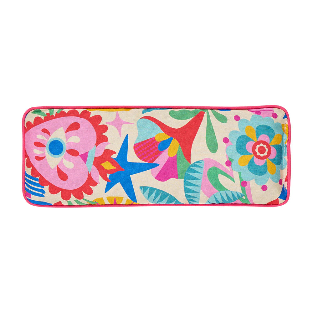 Colorful floral and abstract design on a rectangular pillow with a white background