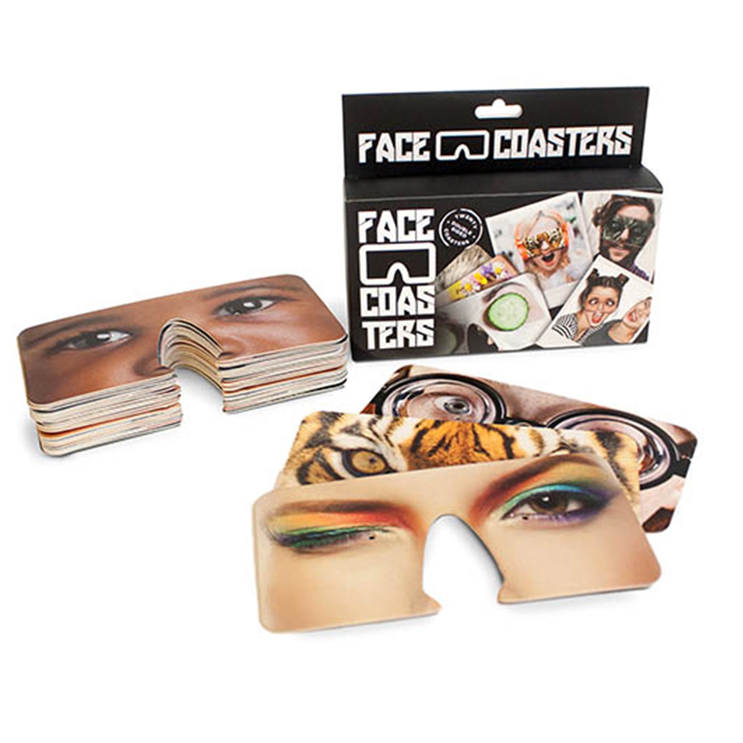 Face drinks coasters- Made out of cardboard. Place on your nose and transform your face into another character. Also is a traditional coaster to protect from watermarks.