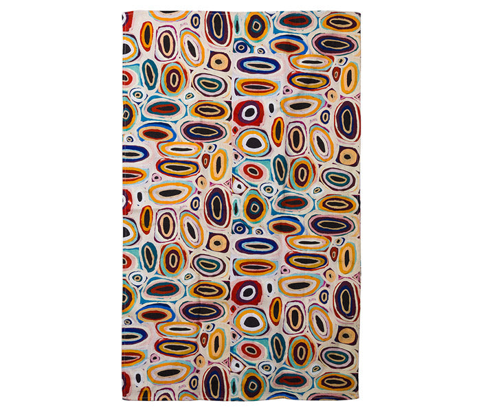 Teatowel- Australian indigenous art by Gladys Kuru Bidu on a white background.