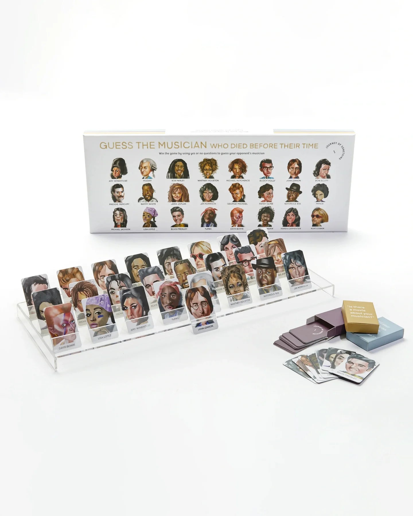 Guess the Musician game set with cards and box on a white background