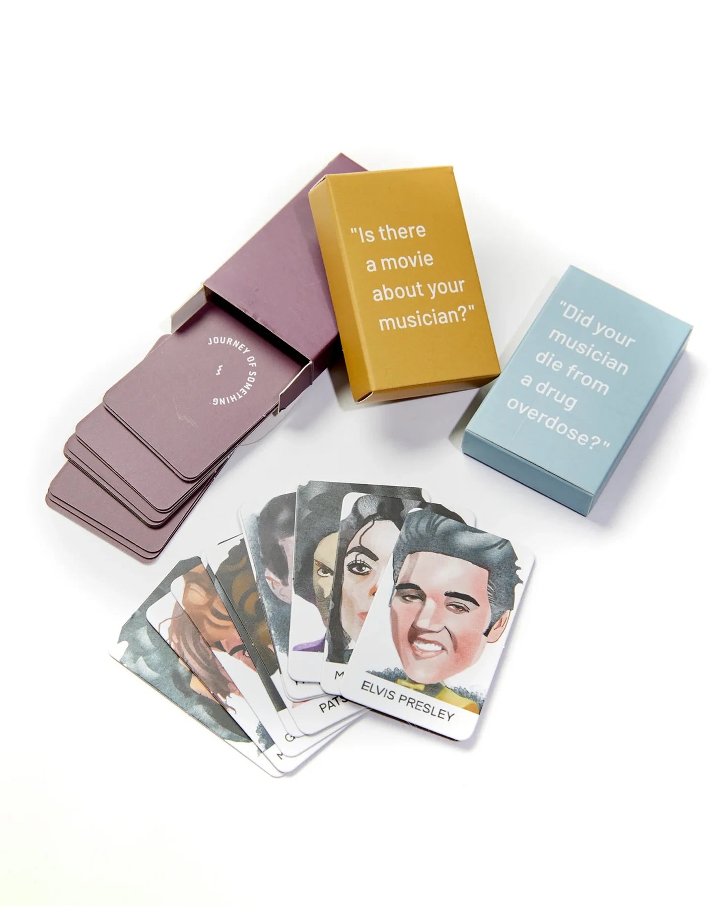 Set of cards with Elvis Presley images and question prompts on a white background