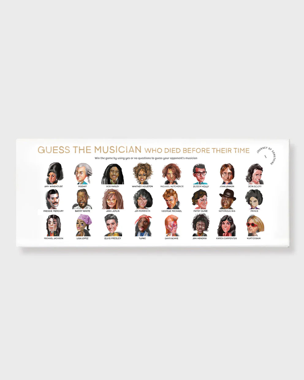 Packaging game box with portraits of musicians and text 'Guess the Musician who died before their time' on a white background.