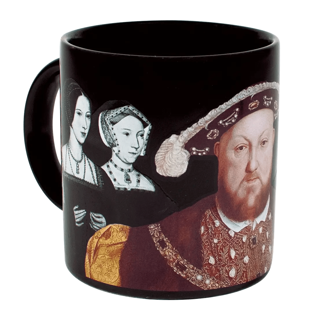 Black mug with historical figures on a white background