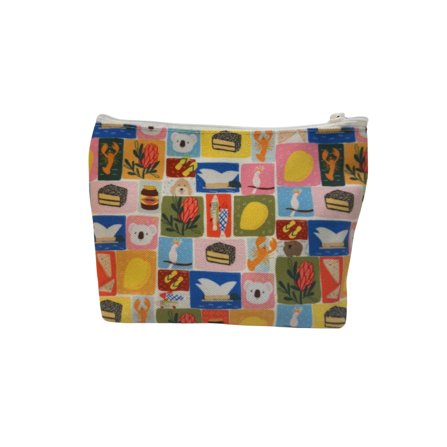 Multicolored pouch with patterned design on a white background