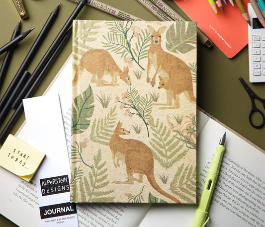 Notebook with kangaroo design on a desk with stationery items