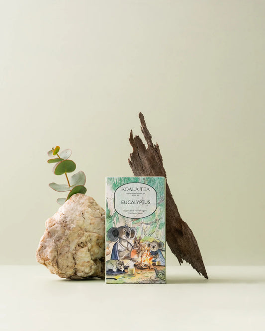 Koala Tea Eucalyptus package with a rock, plant, and wooden stick on a light green background