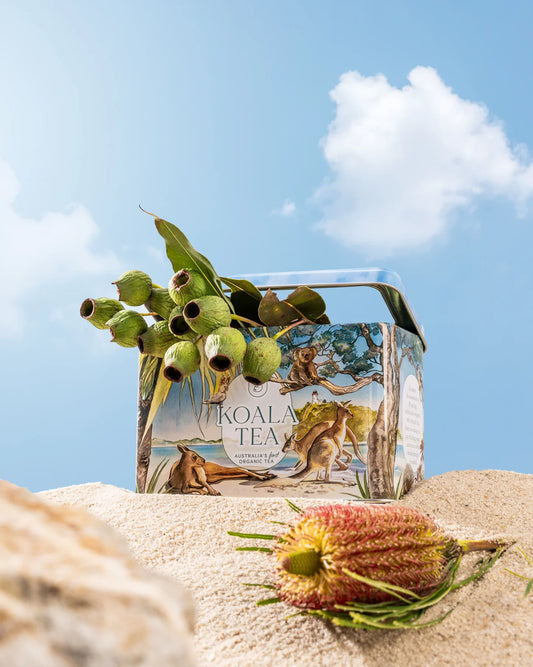 Tea packaging with a nature-themed design on sand against a blue sky