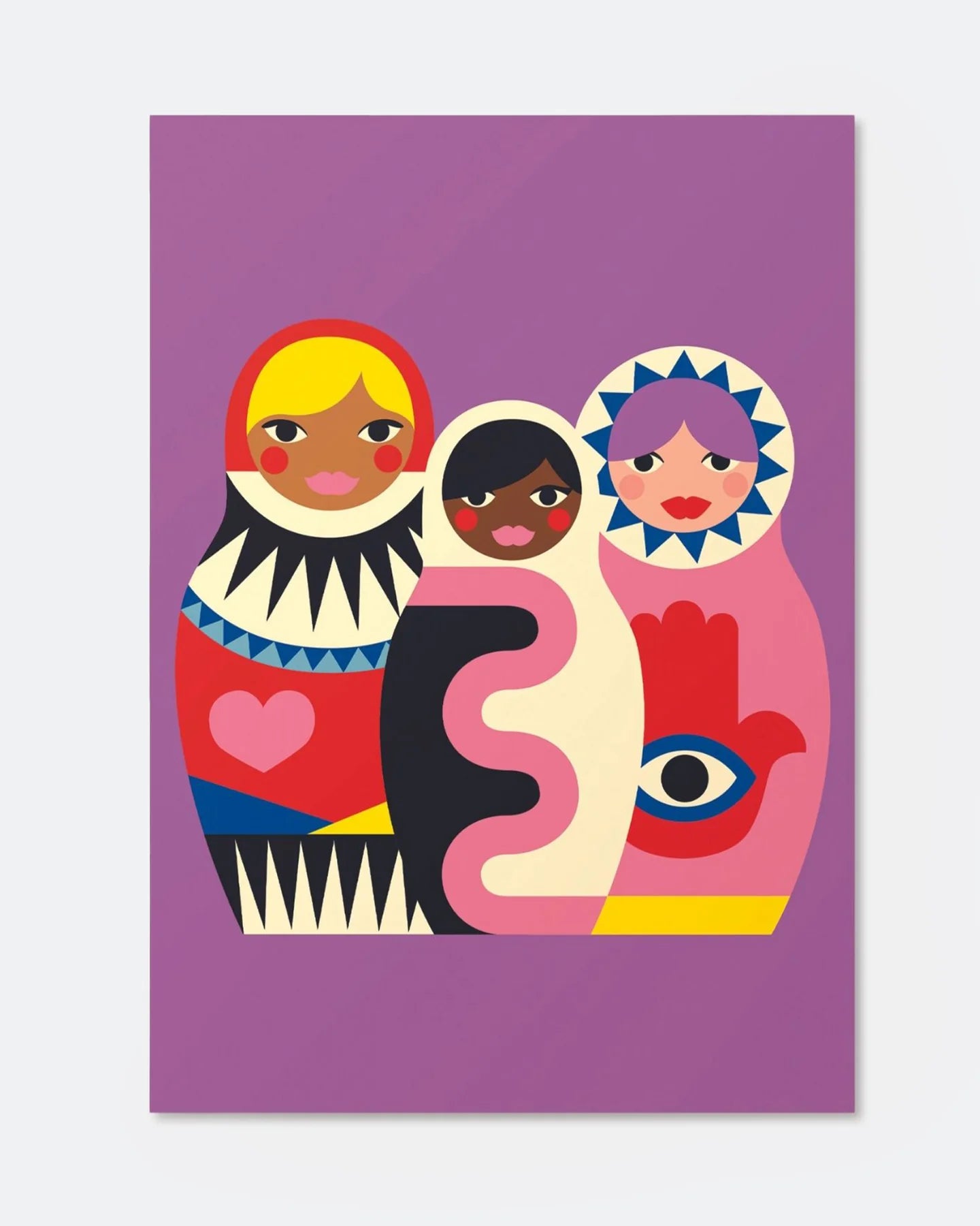 Colorful illustration of three stylized dolls on a purple background
