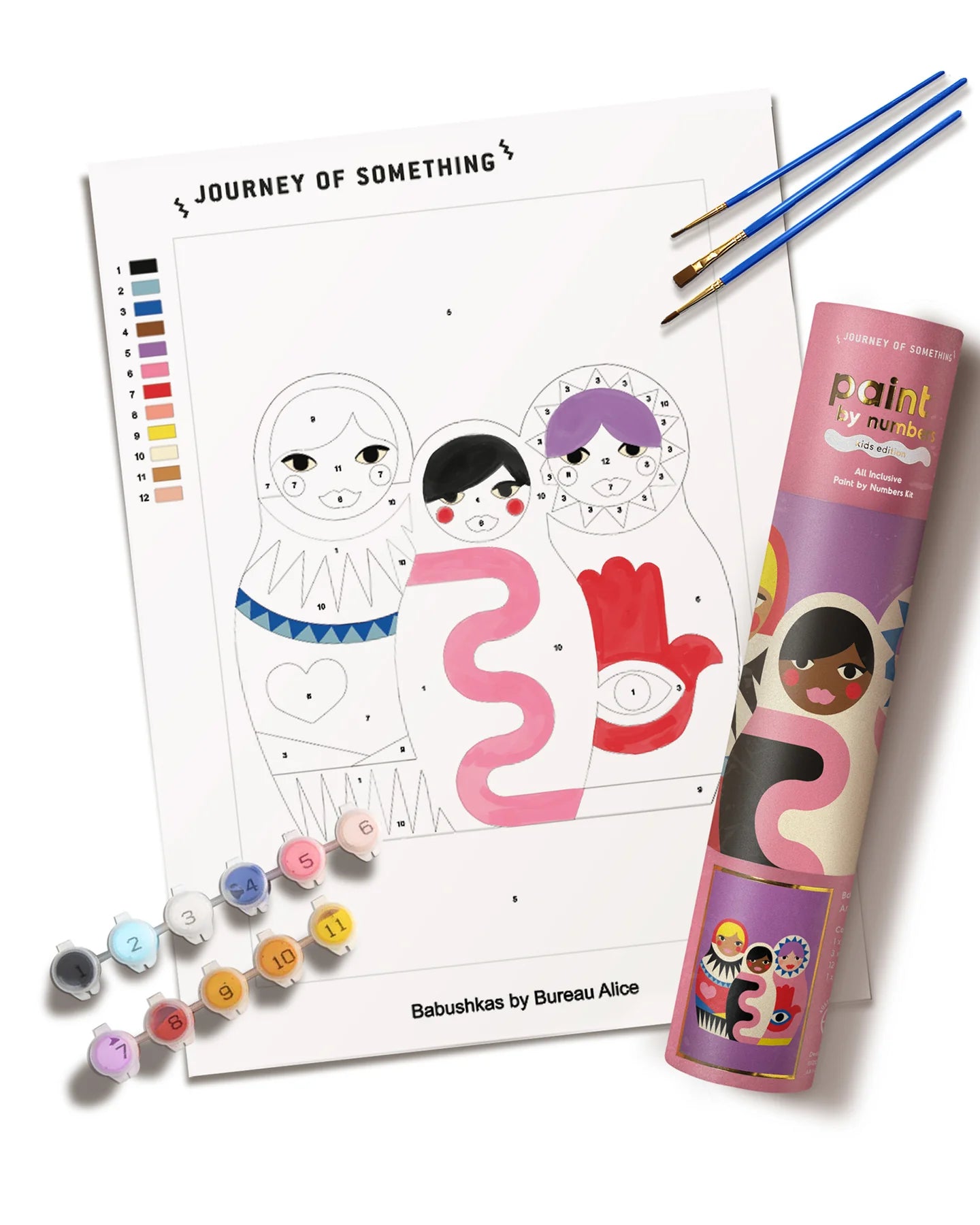 Coloring art kit with babushka designs, paintbrushes, and paint can on a white background