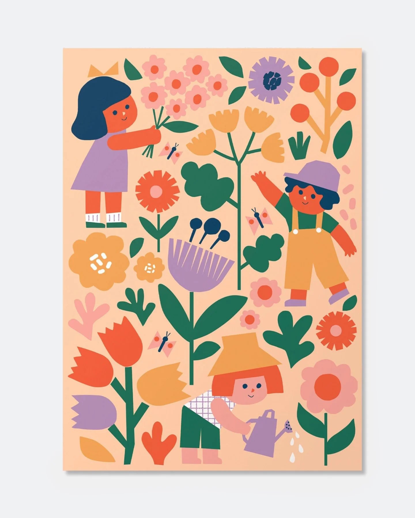 Illustration of children gardening with flowers on a peach background