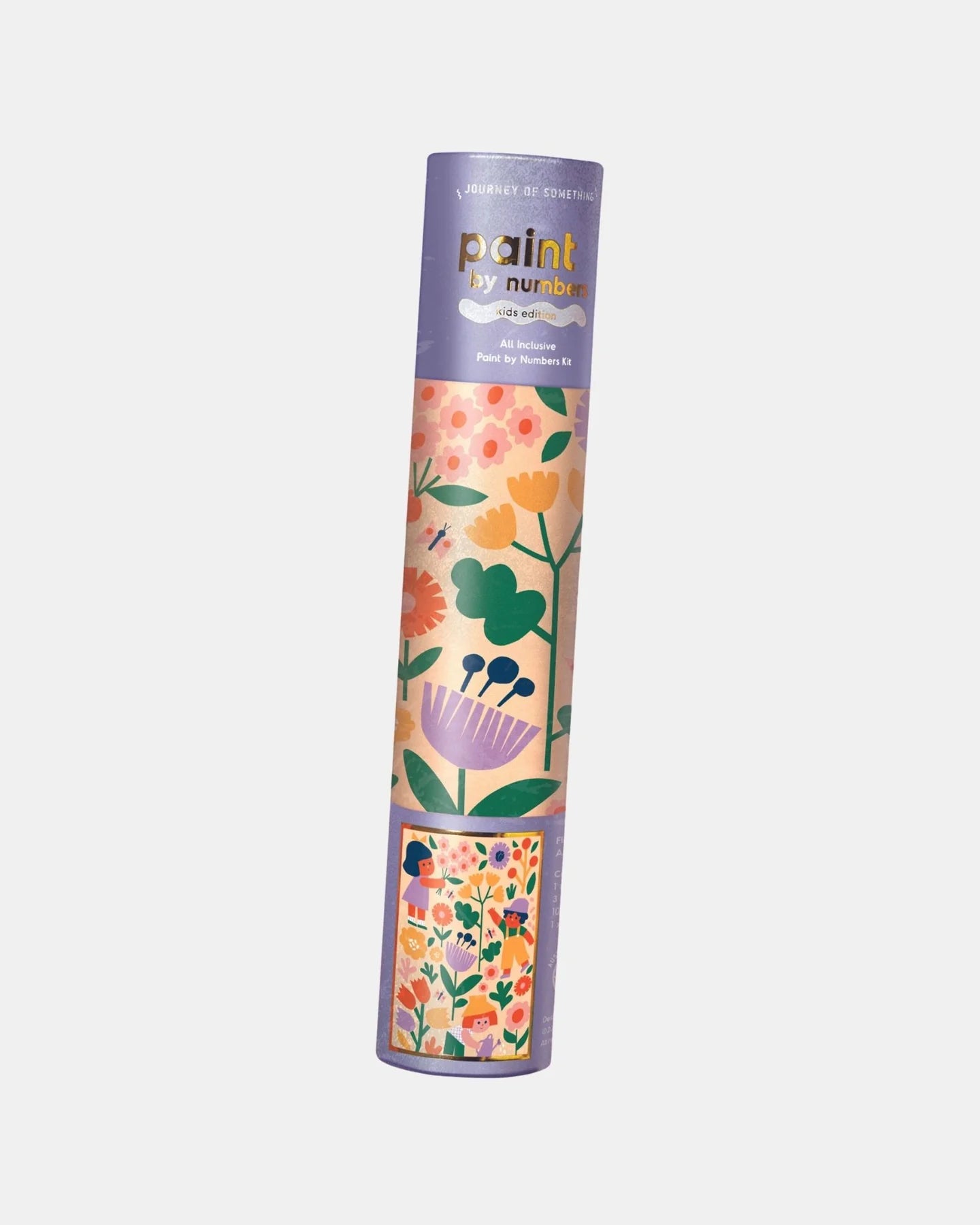 Floral-patterned paint tube on a white background