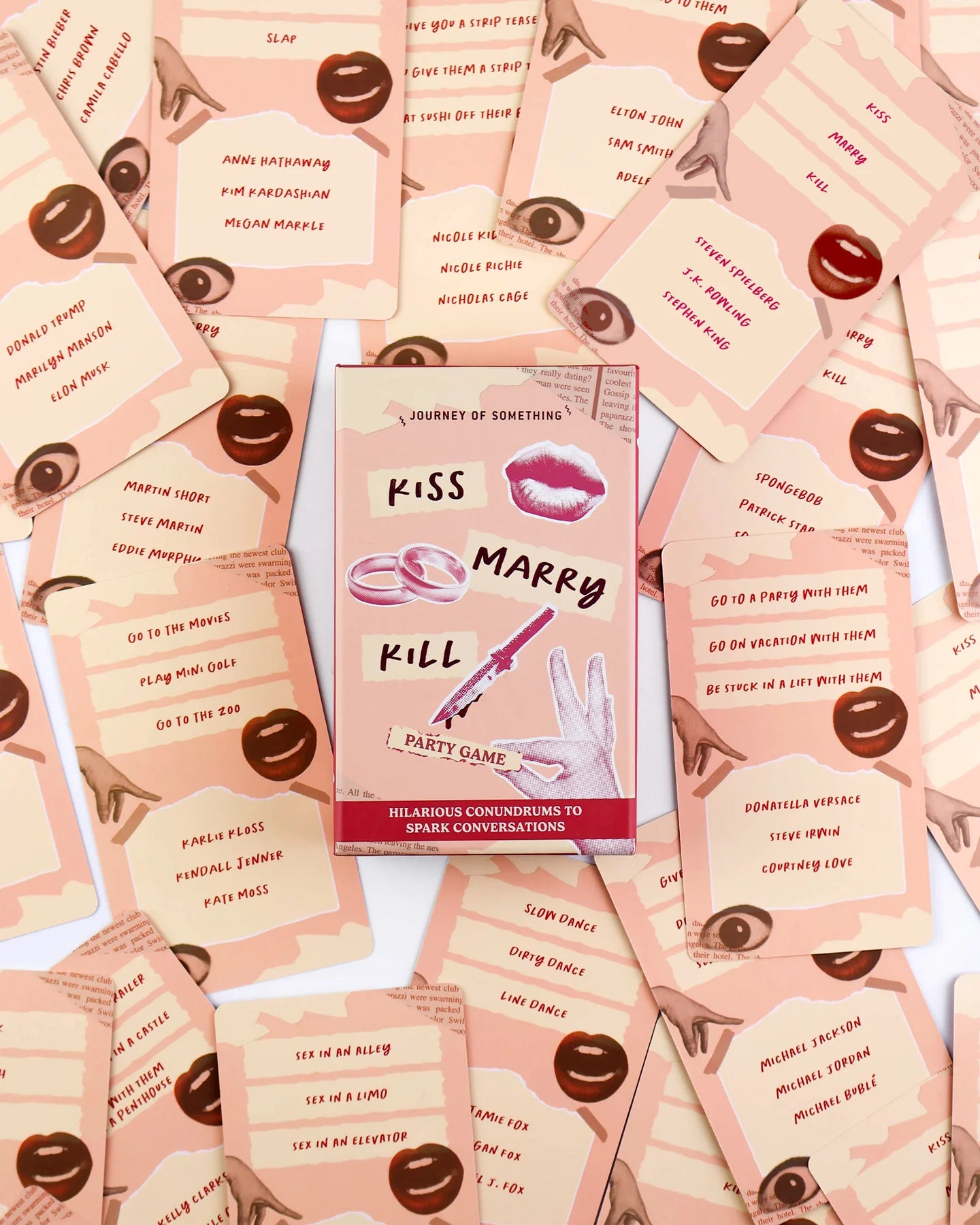 Party game cards with lip prints and a central card labeled 'Kiss Marry Kill'.