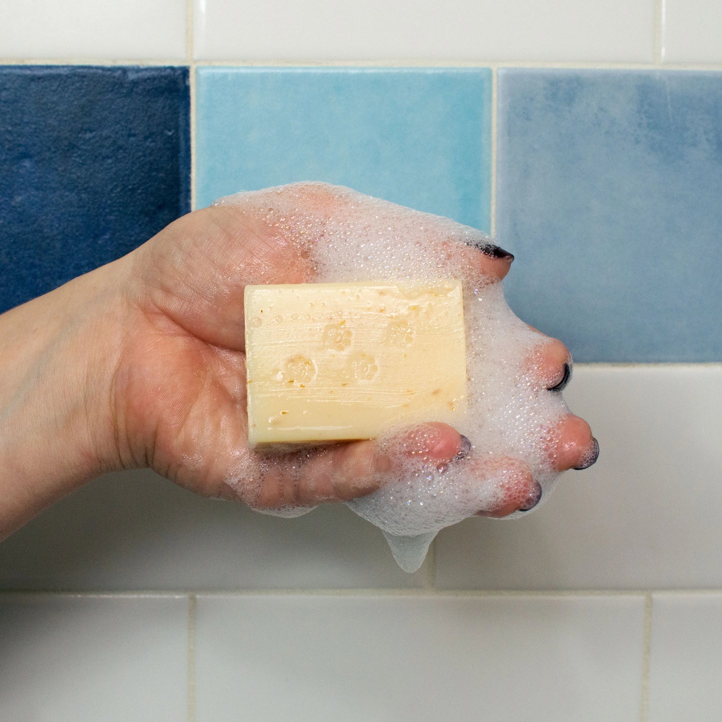 A hand extending and showing a sudsy bar of kitten soap. Featuring a background row of blue tiles.