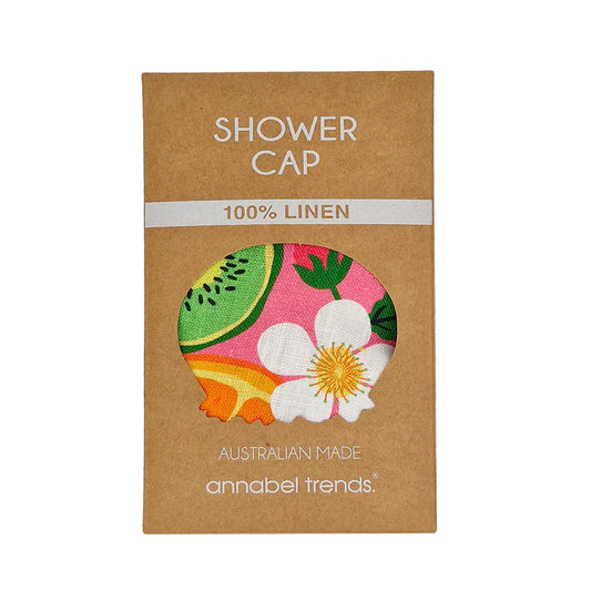Packaged in a brown box, the Tropicana linen shower cap from Annabel Trends.