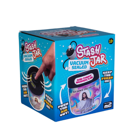 Box of a 'Stash Jar' with colorful design and text on a white background