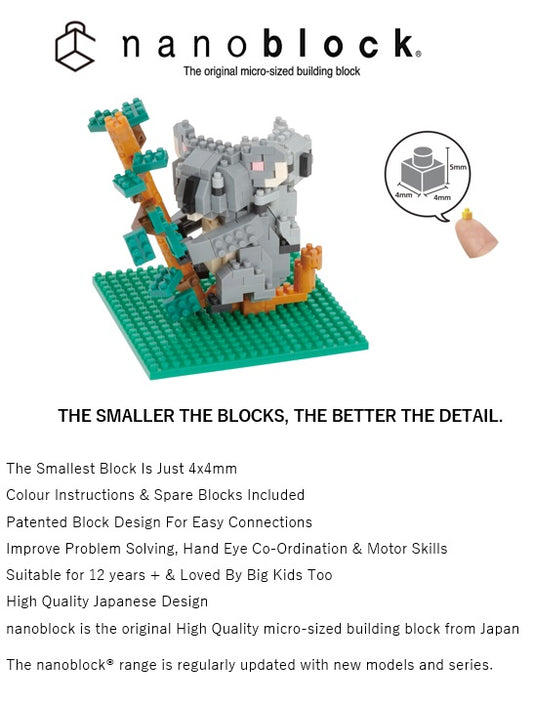 A model of the NANOBLOCK- Big koala and baby. Lower page features a product description.