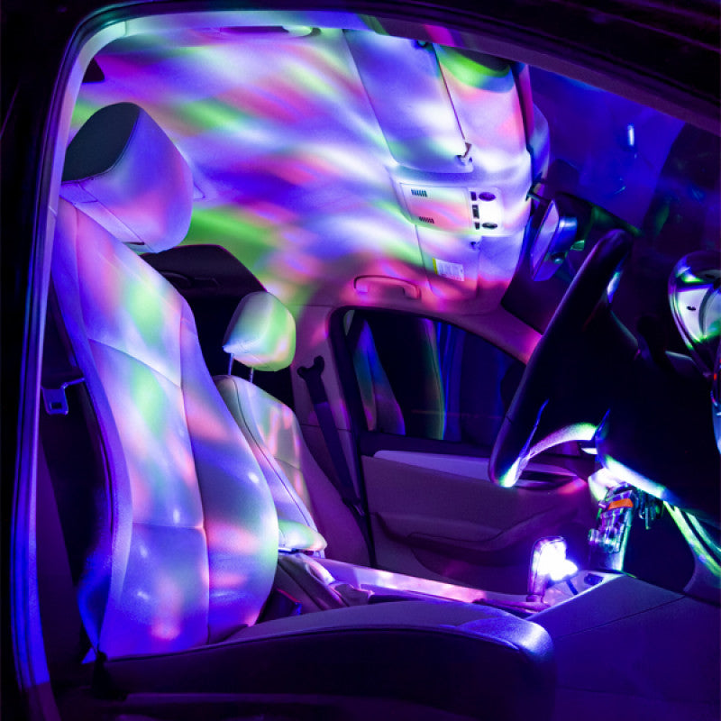 Car interior with colorful LED lights and decorations