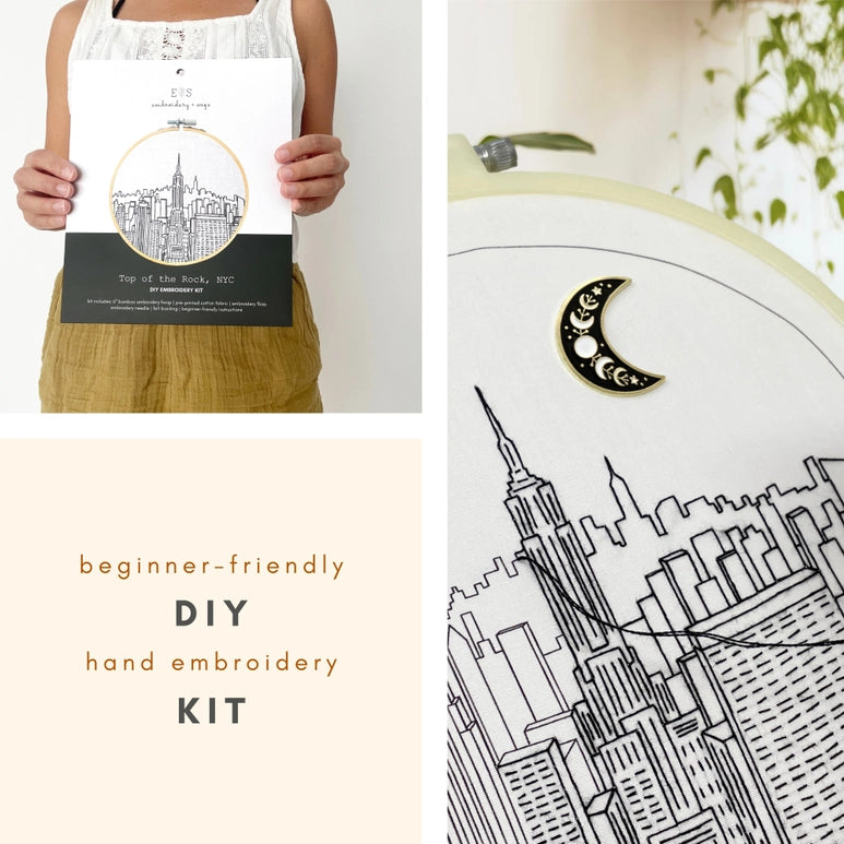 A split screen with a female on the right holding the packaging of the DIY kit. On the left the photograph is a closeup of the New York Cityscape being constructed .