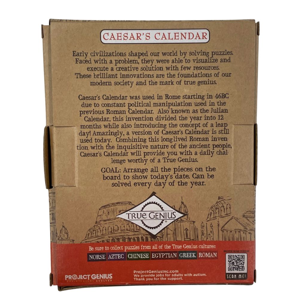Back packaging of wooden puzzle- Caesar's Calendar