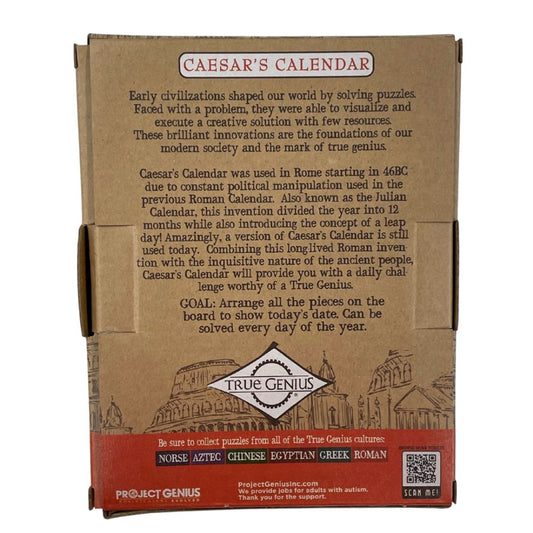 Back packaging of wooden puzzle- Caesar's Calendar